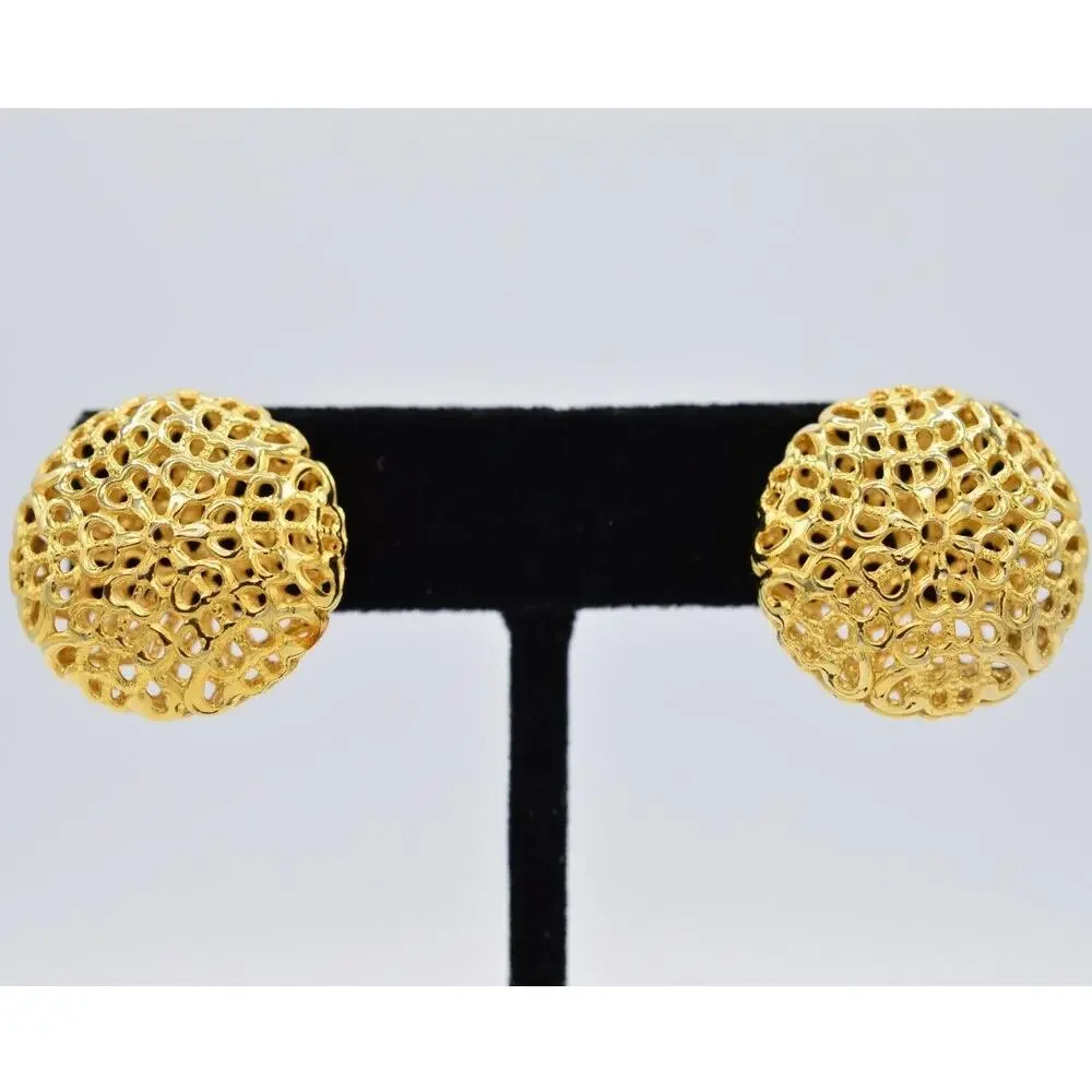 Vintage Stud Earrings Metallic Gold Round Puffy Filigree Chunky NOS 1980s 9L